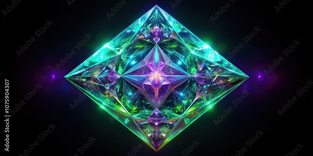 Abstract render of surreal alien fractal diamond crystal symmetry gemstone in emerald green, purple Abstract render of surreal alien fractal diamond crystal symmetry gemstone in emerald green, purple