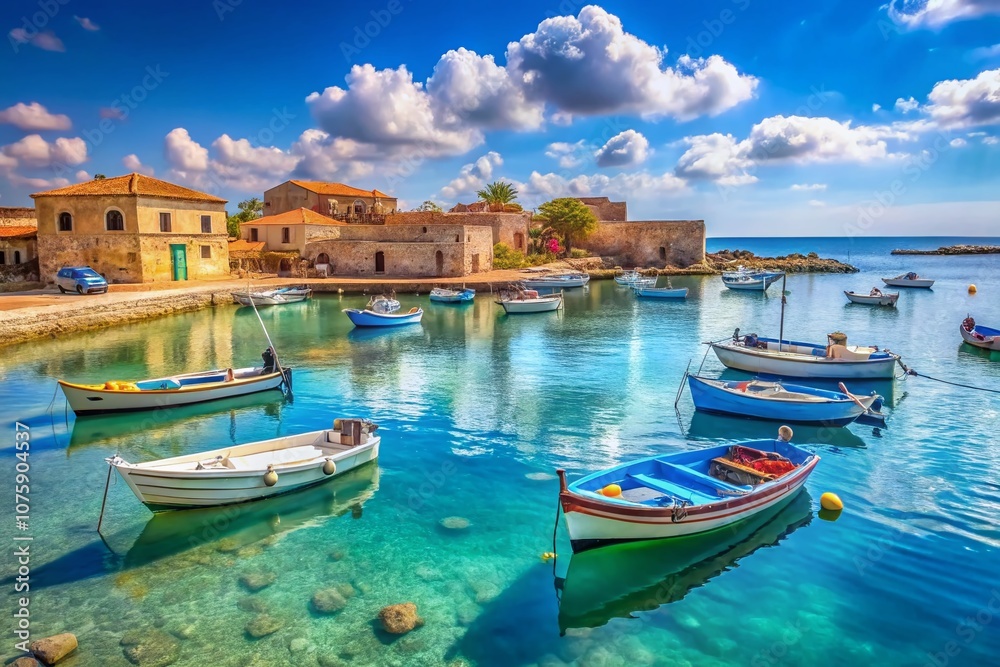 Stunning Marzamemi Landscape in Sicily: A Serene View of the Crystal Blue Sea, Colorful Fishing Boats, and Charming Coastal Architecture Capturing the Essence of Mediterranean Beauty Stunning Marzamemi Landscape in Sicily: A Serene View of the Crystal Blue Sea, Colorful Fishing Boats, and Charming Coastal Architecture Capturing the Essence of Mediterranean Beauty