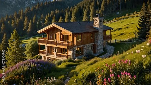 Mountain Cabin with Stone Chimney and Blooming Wildflowers