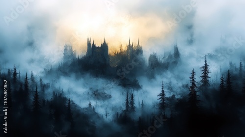 Mysterious Castle Emerges from Fog in Enchanted Forest Landscape