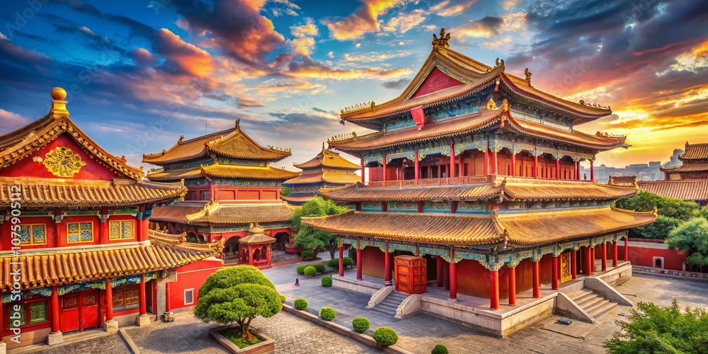 Fototapeta premium Stunning Portrait Photography of Yonghe Temple, the Majestic Lama Temple in China, Showcasing Vibrant Architecture, Intricate Details, and Serene Atmosphere for Cultural Exploration