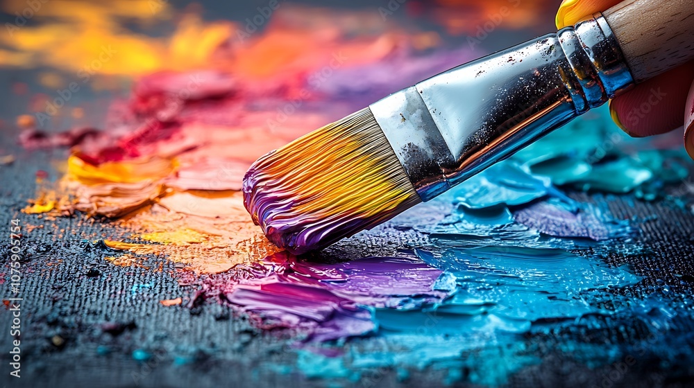 Fototapeta premium A paintbrush with yellow bristles dipped in colorful paint.