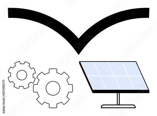 Solar panel beside two gears and a check mark above symbolize clean energy and efficient technology. Ideal for sustainability, renewable resources, green energy, technology innovation, environmental