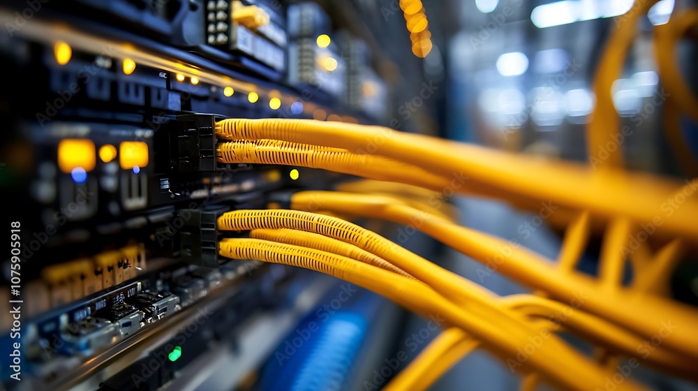Close-up of network cables connected to a server, illustrating data connectivity and technology infrastructure.