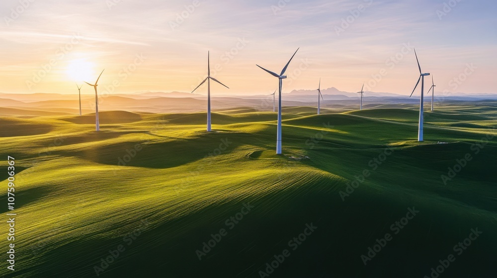 Solar panels and towering wind turbines spread across a green field, Solar panels and towering wind turbines spread across a green field,
