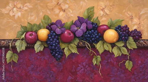 Vibrant Still Life Arrangement of Fruits and Flowers with  Print Fabric in Natural Setting Enhancing the Colorful Display of Nature's Bounty