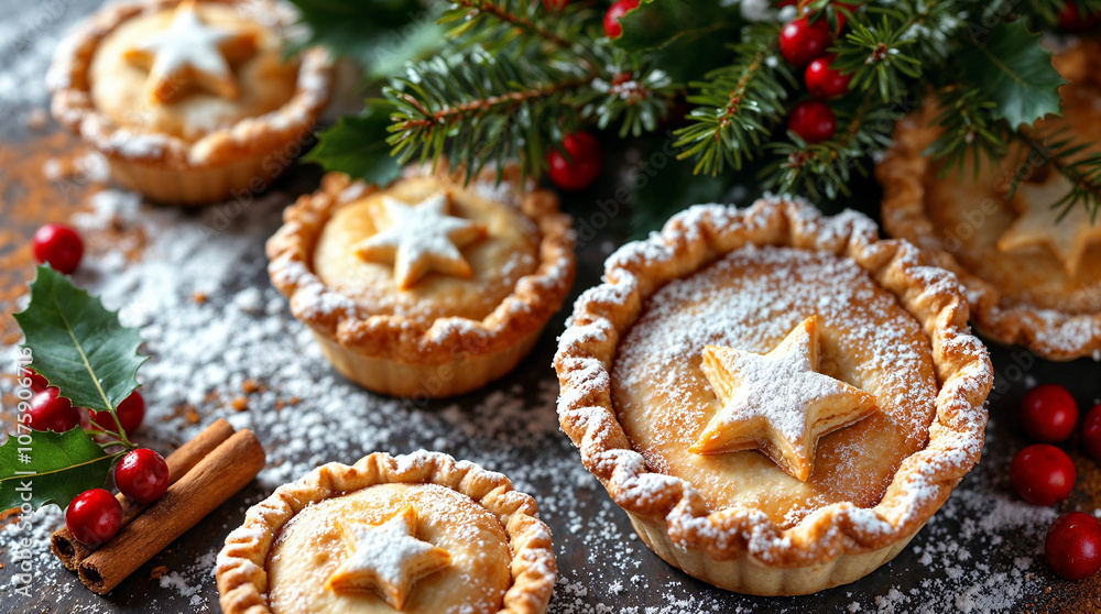 Freshly baked Christmas mince pies with golden, flaky crusts and star-shaped pastry tops, dusted in powdered sugar. Holiday baking, traditional Christmas treats Freshly baked Christmas mince pies with golden, flaky crusts and star-shaped pastry tops, dusted in powdered sugar. Holiday baking, traditional Christmas treats