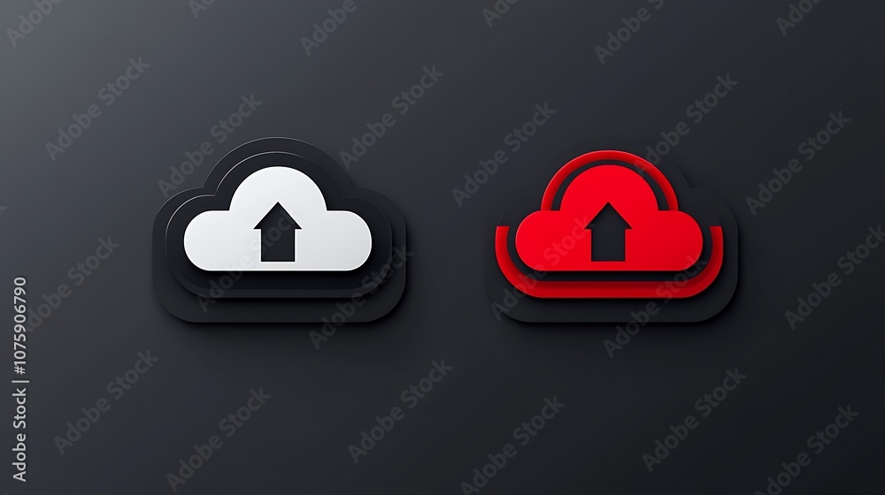 Two cloud icons with upward arrows, one in black and white, the other in red, representing cloud upload functionality. Two cloud icons with upward arrows, one in black and white, the other in red, representing cloud upload functionality.