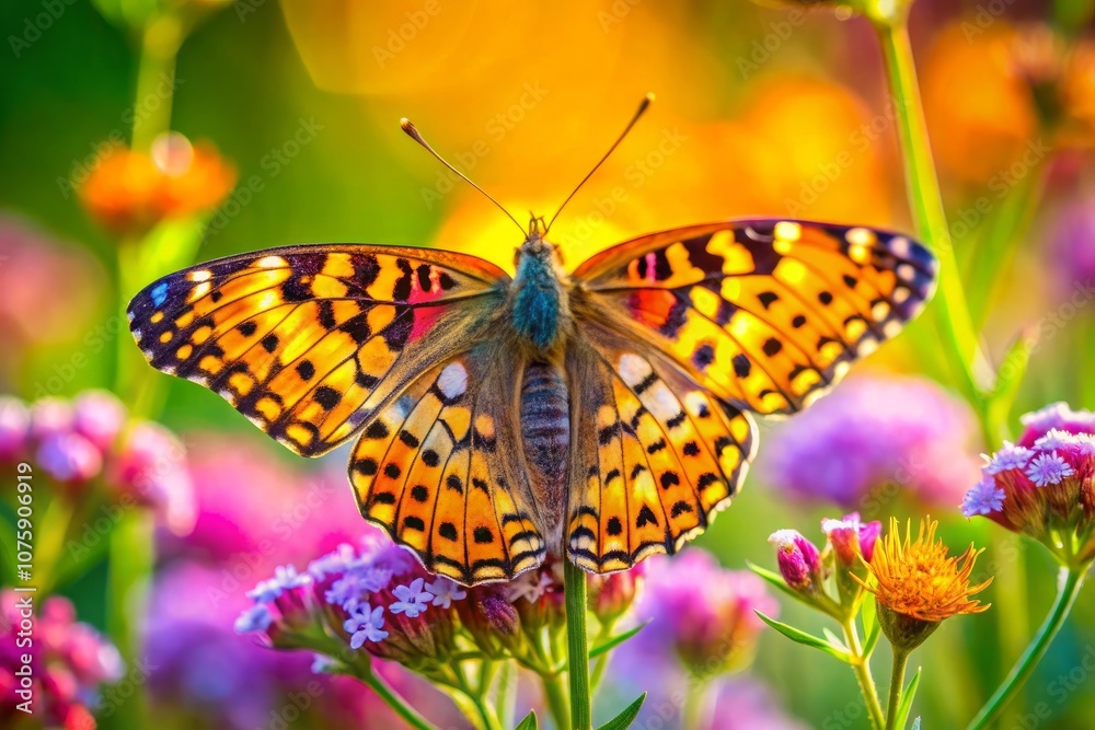 a butterfly with yellow and black spots is sitting on a flower a butterfly with yellow and black spots is sitting on a flower