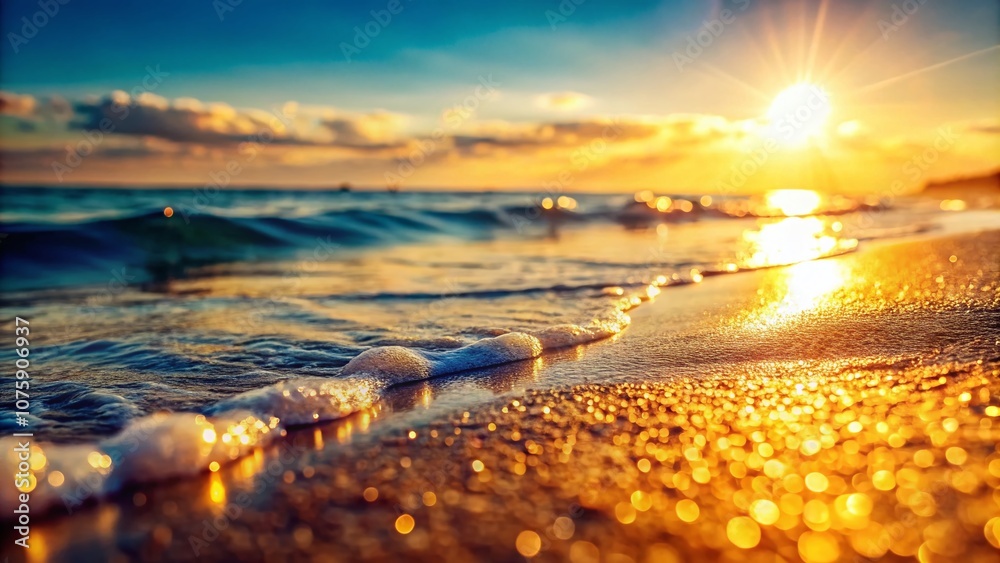 Obraz premium Sunlit Coastal Scene Featuring Textured Beach Sand with Soft Wave Patterns and Bokeh Effect on a Bright Sunny Day Capturing the Essence of a Relaxing Seaside Escape