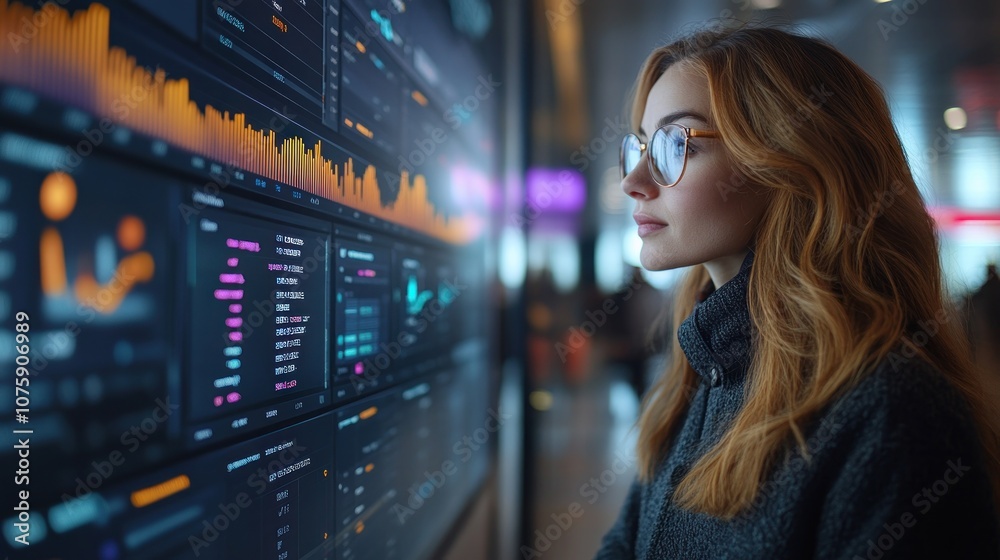 Woman Analyzing Data on a Large Digital Screen Woman Analyzing Data on a Large Digital Screen