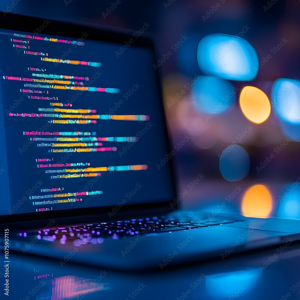 Close-up of laptop displaying colorful code in a dimly lit setting Close-up of laptop displaying colorful code in a dimly lit setting