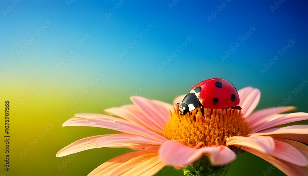 Ladybug on flower petal, natural gradient background, high color contrast, 3D illustration. Ladybug on flower petal, natural gradient background, high color contrast, 3D illustration.