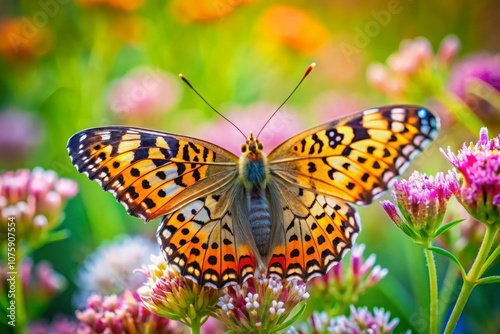 a butterfly with yellow and black spots is sitting on a flower