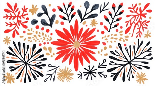 Festive Holiday \Badge Design Featuring Vibrant Flowers and Leaves in Red, Black, and Gold for Christmas Promotions and Celebrations