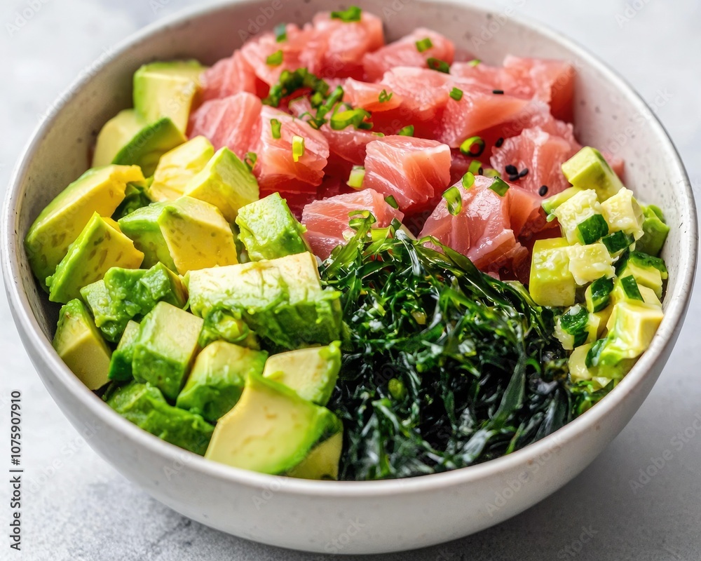 A colorful bowl containing diced tuna, avocado, and seaweed, garnished with green onions, perfect for a fresh and healthy meal. A colorful bowl containing diced tuna, avocado, and seaweed, garnished with green onions, perfect for a fresh and healthy meal.