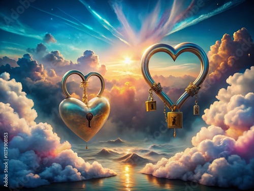 Surreal Exploration of Monogamy: A Dreamlike Scene of Two Intertwined Hearts Surrounded by Ethereal Landscapes and Symbolic Elements Representing Commitment and Connection photo