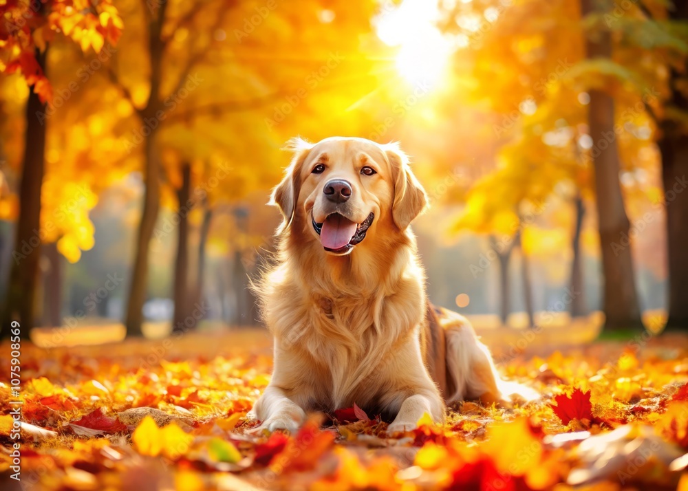 Golden Retriever Enjoying Autumn in a Park Surrounded by Colorful Leaves and Natural Beauty, Capturing the Essence of Fall with a Playful Canine Spirit Golden Retriever Enjoying Autumn in a Park Surrounded by Colorful Leaves and Natural Beauty, Capturing the Essence of Fall with a Playful Canine Spirit