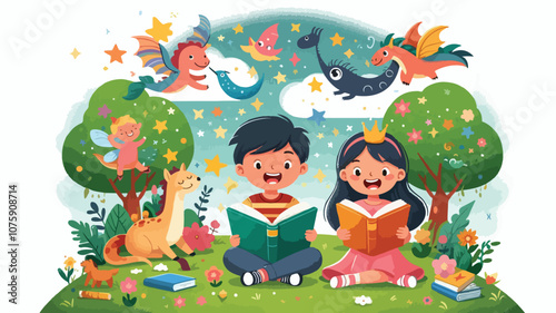 A boy and girl are reading a book in the park with happy faces, surrounded by imaginary elements from book stories, such as fairies, dragons and stars.