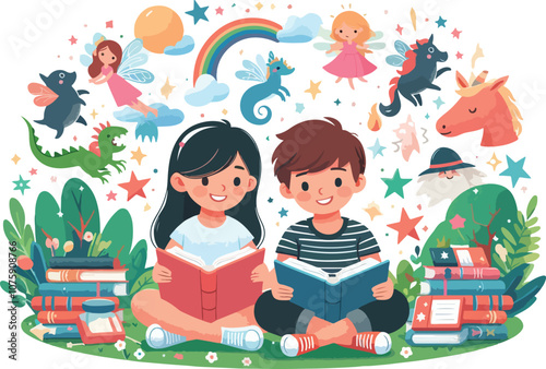 A boy and girl are reading a book in the park with happy faces, surrounded by imaginary elements from book stories, such as fairies, dragons and stars.