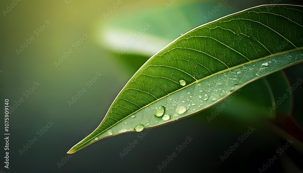 Fototapeta premium Leaf macro with dewdrops, intricate natural design, 3D illustration.