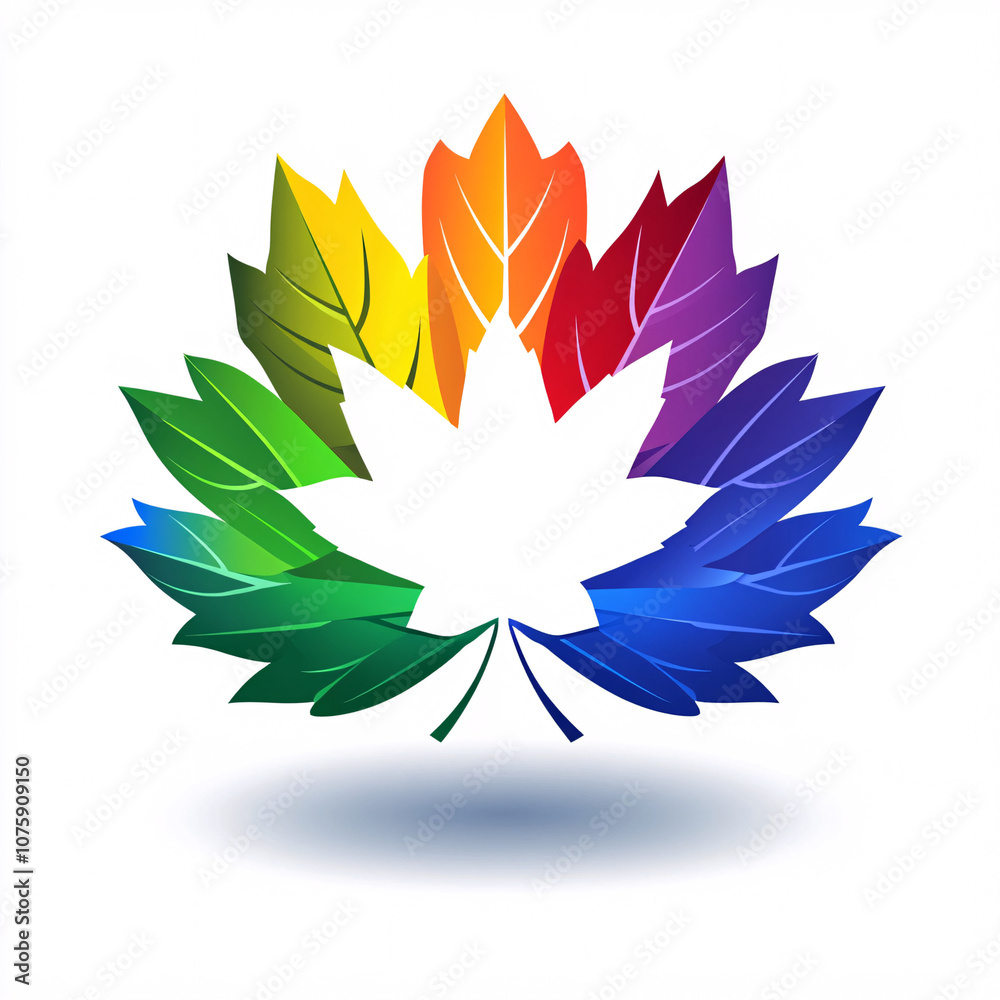 A vibrant, colorful graphic of a maple leaf, symbolizing nature and diversity, featuring leaves in various bright hues arranged in a circular pattern.
