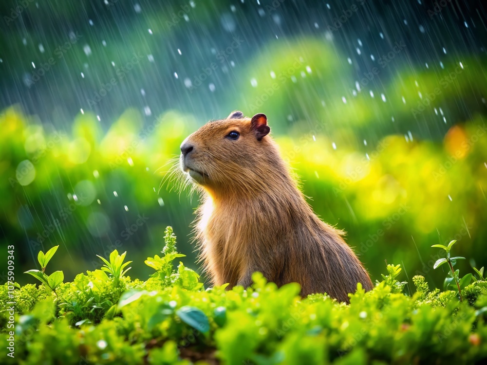 Surreal Scene of a Capybara Joyfully Sitting in a Gentle Spring Rain with Softly Blurred Raindrops Creating a Dreamy Atmosphere in a Lush Green Environment Surreal Scene of a Capybara Joyfully Sitting in a Gentle Spring Rain with Softly Blurred Raindrops Creating a Dreamy Atmosphere in a Lush Green Environment