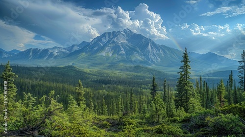 A panoramic view of a majestic mountain range with a rainbow arching over the peak, surrounded by lush green forest.