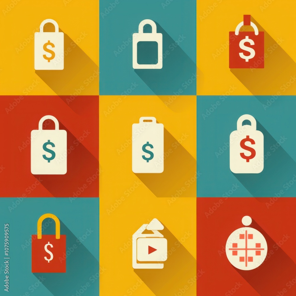 Colorful Financial Icons on Geometric Background Reflecting Price Evaluations, Market Trends, and Chart Analytics - Ideal for Business and Finance Themes Colorful Financial Icons on Geometric Background Reflecting Price Evaluations, Market Trends, and Chart Analytics - Ideal for Business and Finance Themes