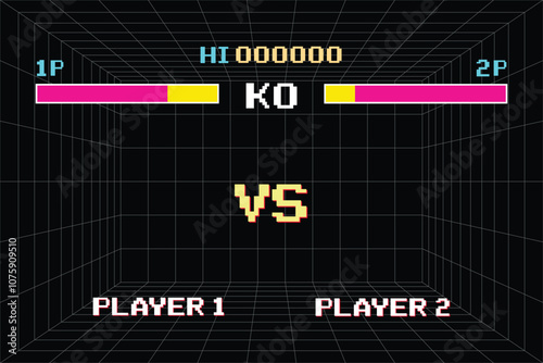 Versus Screen retro game on glitch background of analog tv.