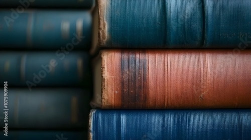 Close-up of vintage books with worn spines