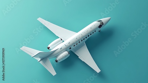 A top view of a sleek, modern airplane on a turquoise background, representing air travel and aviation.