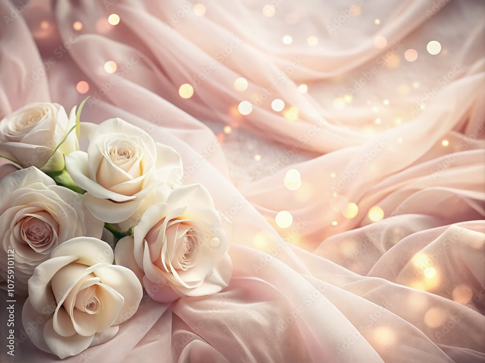 Fototapeta premium Surreal Wedding Background Featuring Flowing Pink Fabric and Elegant White Roses, Perfect for Romantic Celebrations and Invitations with Ample Copy Space