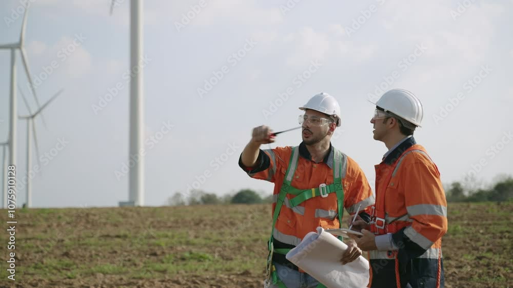 Renewable energy engineers working on wind turbine projects. Technician workers use a tablet to work together outdoors at windmill farms. Engineers research environmentally friendly ecology energy. Renewable energy engineers working on wind turbine projects. Technician workers use a tablet to work together outdoors at windmill farms. Engineers research environmentally friendly ecology energy.
