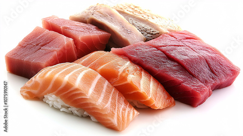 A variety of fresh sushi-grade fish fillets, showcasing salmon and tuna cuts, suitable for sashimi or sushi preparation. photo