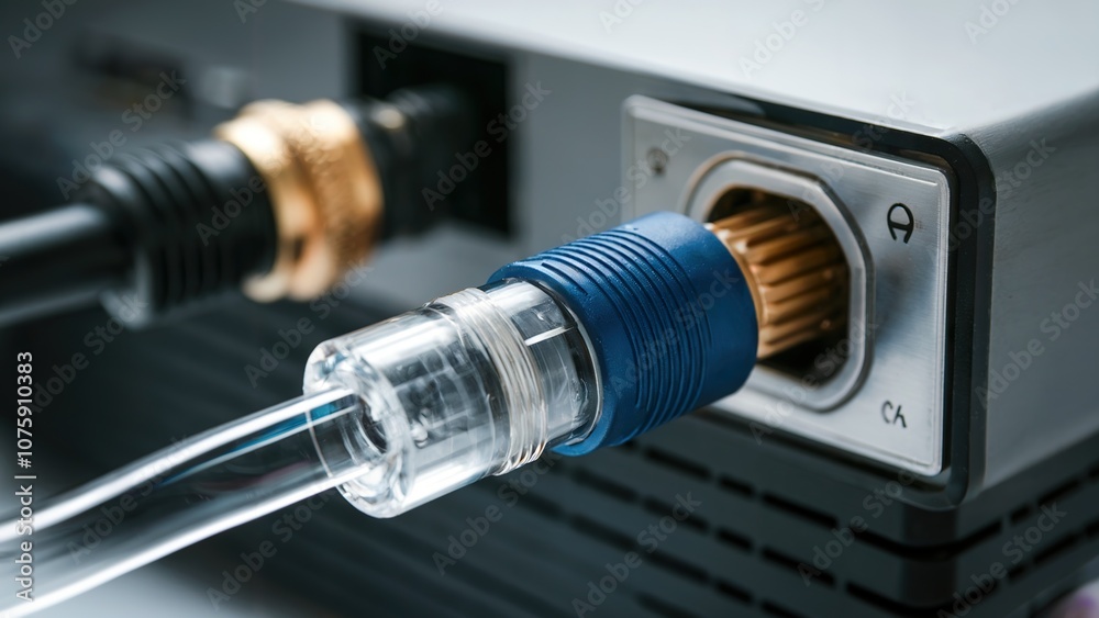 A fibre optic connector. The connector has a blue body and a clear glass fibre A fibre optic connector. The connector has a blue body and a clear glass fibre