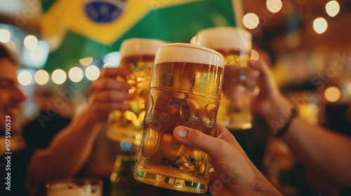 Group of people toasting with beer mugs. Oktoberfest of Blumenau. photo