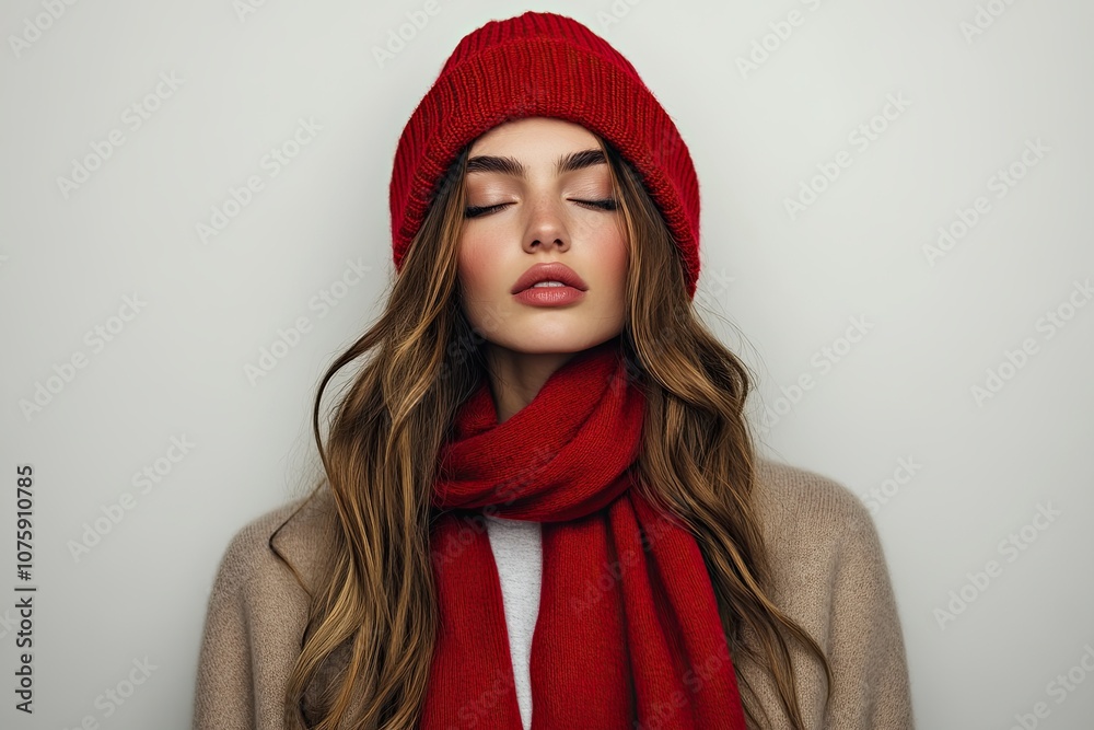 Woman with Red beanie and red scarf on a white background, Woman with Red beanie and red scarf on a white background,
