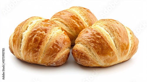 Three golden, flaky croissants are arranged together, showcasing their delicious, buttery layers.