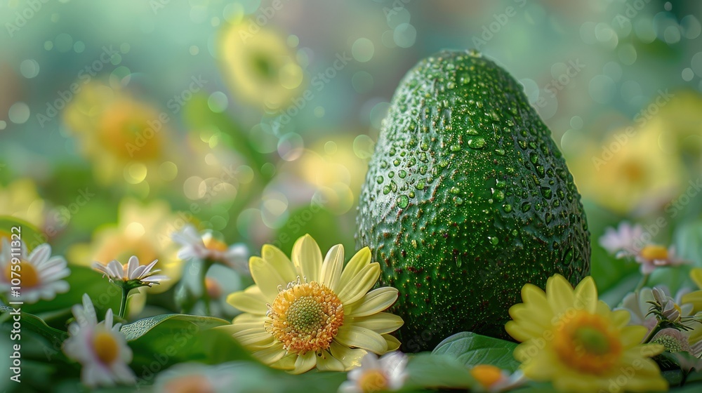 A single avocado resting in a bed of yellow flowers. A single avocado resting in a bed of yellow flowers.
