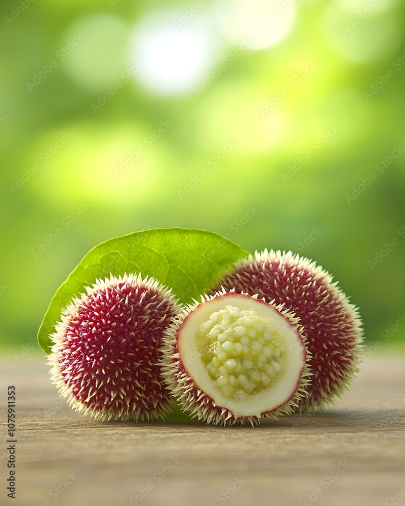 Close-up of fresh and spiky fruit on wooden table Close-up of fresh and spiky fruit on wooden table