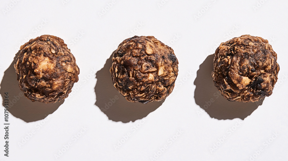 Three round, chocolate energy balls arranged in a row on a light surface, showcasing a textured exterior. Three round, chocolate energy balls arranged in a row on a light surface, showcasing a textured exterior.