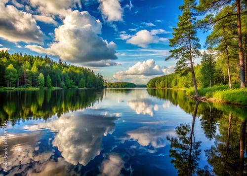 Tranquil Forested Lake in Karelia, Russia - Scenic Views of Lush Greenery, Tall Trees, and a Clear Blue Sky with Scattered Clouds for Nature Lovers and Travel Enthusiasts