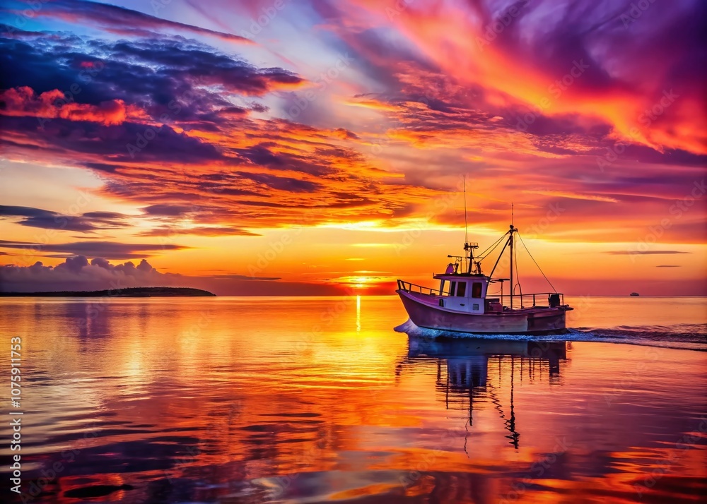 Tranquil Sunset Over Water: A Fishing Boat's Journey Home Amidst Serene Waves and Vibrant Colors of Dusk Tranquil Sunset Over Water: A Fishing Boat's Journey Home Amidst Serene Waves and Vibrant Colors of Dusk