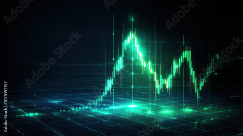 digital financial chart displaying green upward trends and data points, symbolizing growth and investment opportunities. background is dark, enhancing vibrant colors