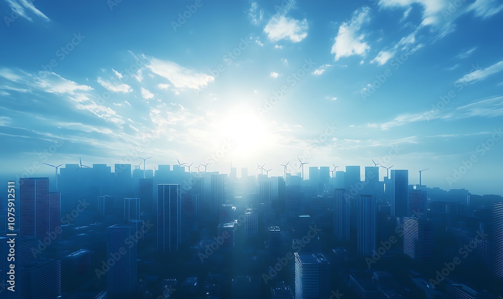 A serene city skyline at sunrise, bathed in soft blue hues, with a bright sun emerging behind tall buildings under scattered clouds. A serene city skyline at sunrise, bathed in soft blue hues, with a bright sun emerging behind tall buildings under scattered clouds.