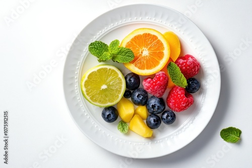 Fresh fruit assortment on a white plate.