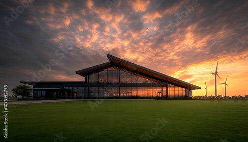 A modern building stands against a vibrant sunset, featuring large glass walls and wind turbines in the background, highlighting sustainable architecture.