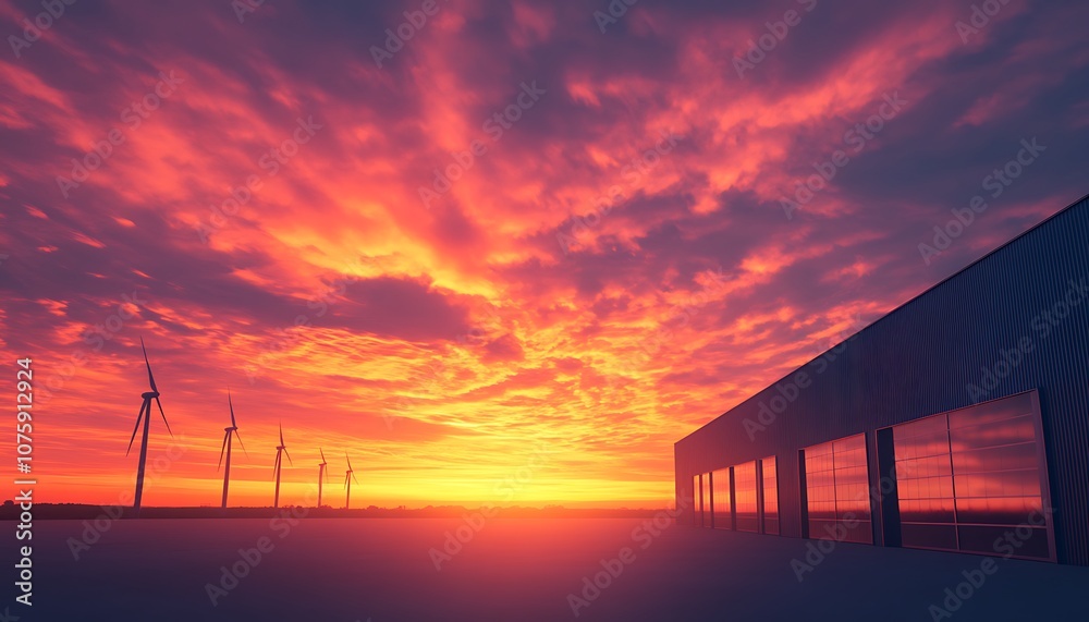 Fototapeta premium A vibrant sunset paints the sky in hues of orange and pink, silhouetting wind turbines and a striped structure on the horizon.