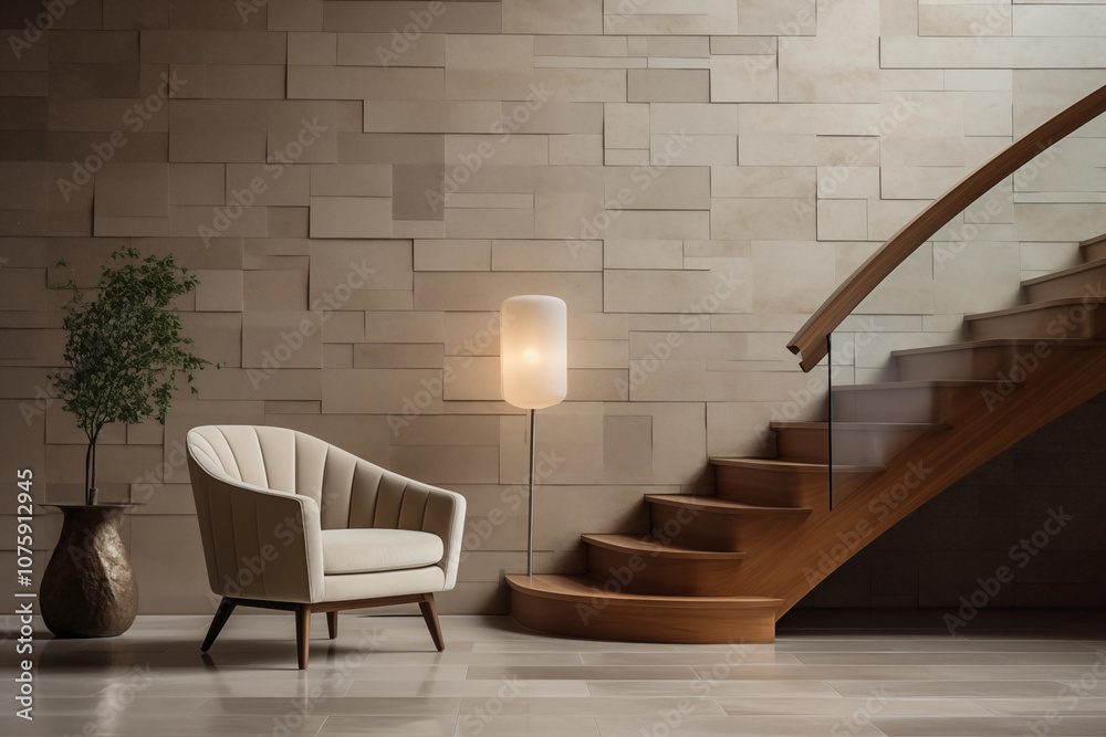 Obraz premium Modern Interior Design with Beige Wall Wooden Stairs and Armchair